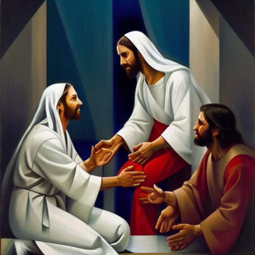 Jesus wearing white robe with red sash, healing a woman wearing blue, laying on of hands, blood, tired, Jorge Cocco, Gospel Libary